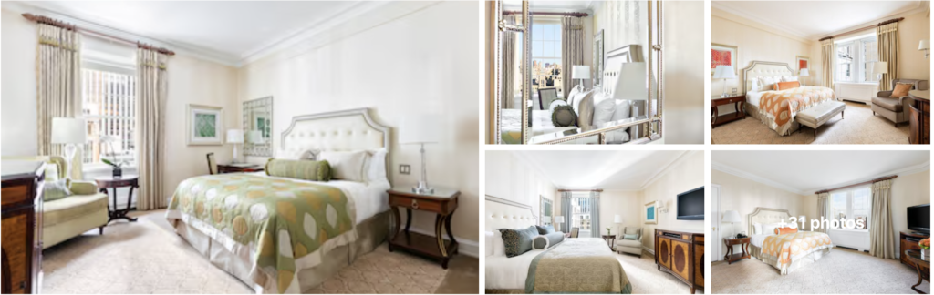 Collage of bright, elegant hotel rooms with large beds, windows, armchairs, and classic decor.