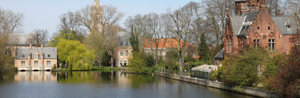 A calm lake reflects historic brick buildings and trees under a clear sky in a European town.