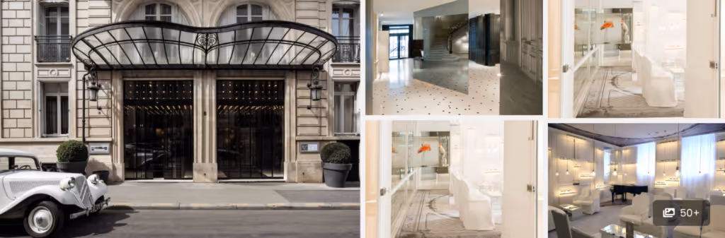 Collage of a grand hotel entrance, stylish lobby, modern bathroom, and elegant guest room interior.