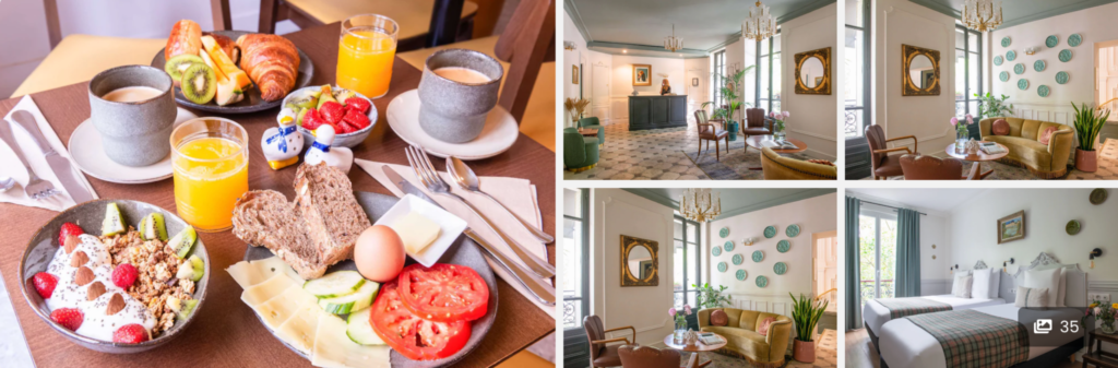 A hotel breakfast with coffee and juice, a lobby seating area, and a bright double guest room with decor.