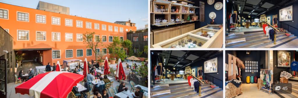 A vibrant courtyard café and stylish boutique shops with trendy clothing and home decor displays.