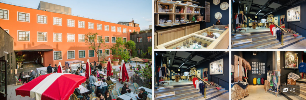 A vibrant courtyard café and stylish boutique shops with trendy clothing and home decor displays.