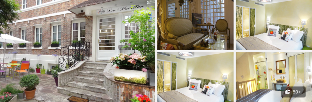 Collage of a charming hotel exterior, elegant sitting area, and cozy bedroom with soft lighting and decor.