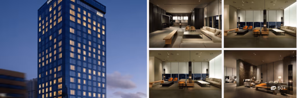 A tall modern hotel at dusk and four images of its stylish, minimalist lobby with neutral colors at Shilla Stay Guru in Seoul.