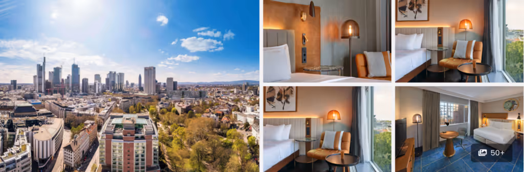 Collage showing a city skyline and modern hotel rooms with large windows and stylish decor.