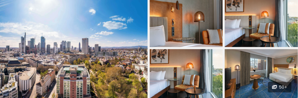 Collage showing a city skyline and modern hotel rooms with large windows and stylish decor.