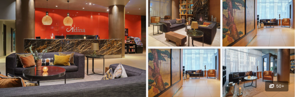 Collage of a modern hotel lobby and lounge with stylish seating, marble accents, and warm lighting.