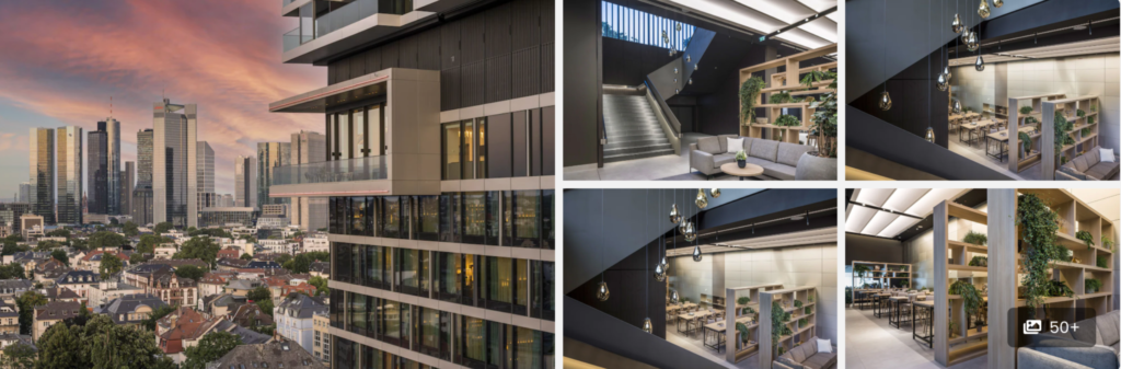 Modern apartment building exterior and stylish interior lounge and dining spaces with city skyline views at sunset.