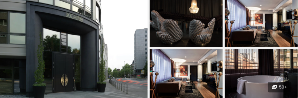 Collage of a modern hotel entrance, stylish lounge areas, and a round bathtub in a bright room.