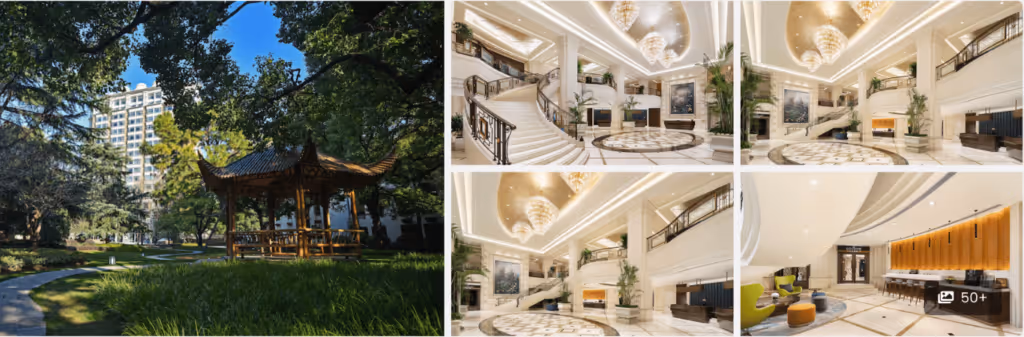 Hotel lobby with grand staircase and lounge area; garden view with a gazebo and walking path outside.