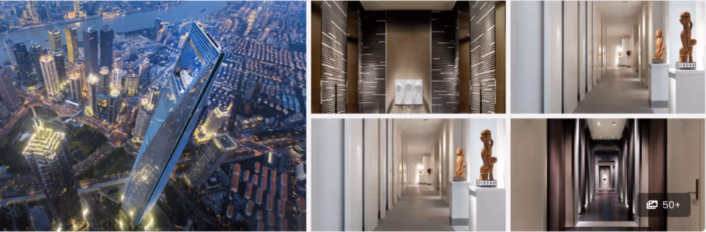 Collage of a tall skyscraper aerial and its modern, elegant interior hallways with art sculptures and sleek lighting.