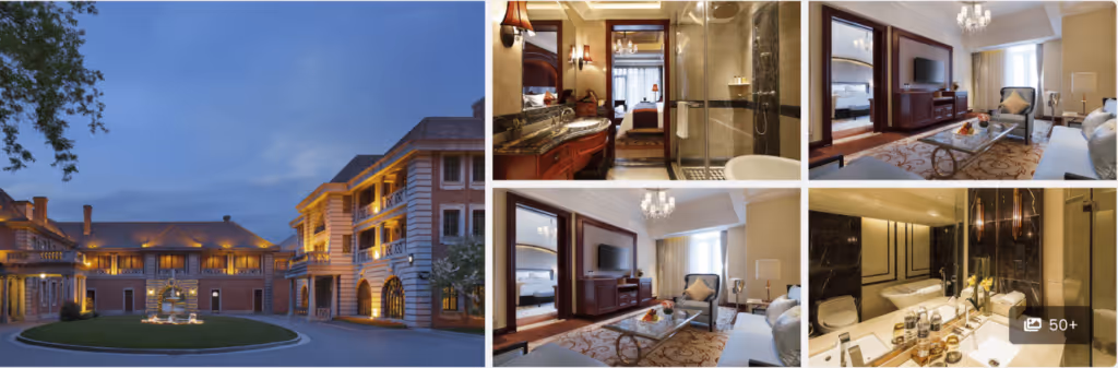 Collage of a luxury hotel exterior at dusk and elegant, modern interiors with living and bathroom areas.