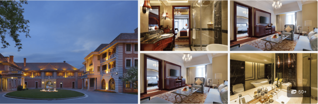 Collage of a luxury hotel exterior at dusk and elegant, modern interiors with living and bathroom areas.