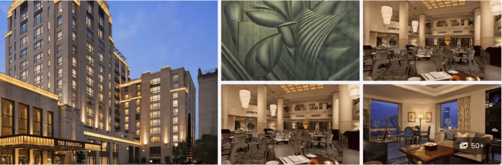Collage of a luxury hotel exterior, elegant dining areas, an abstract green artwork, and a city-view lounge.