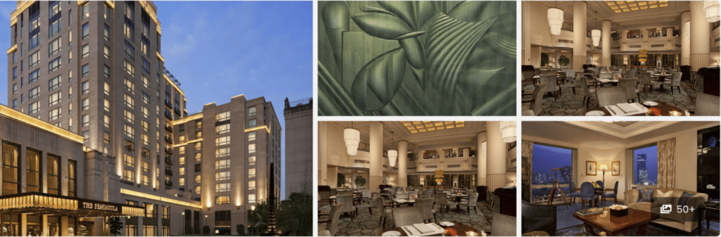 Collage of a luxury hotel exterior, elegant dining areas, an abstract green artwork, and a city-view lounge.