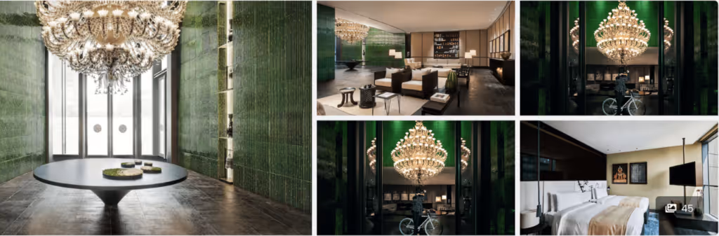 Collage of luxurious hotel interiors featuring chandeliers, elegant lounges, and a modern guest room.