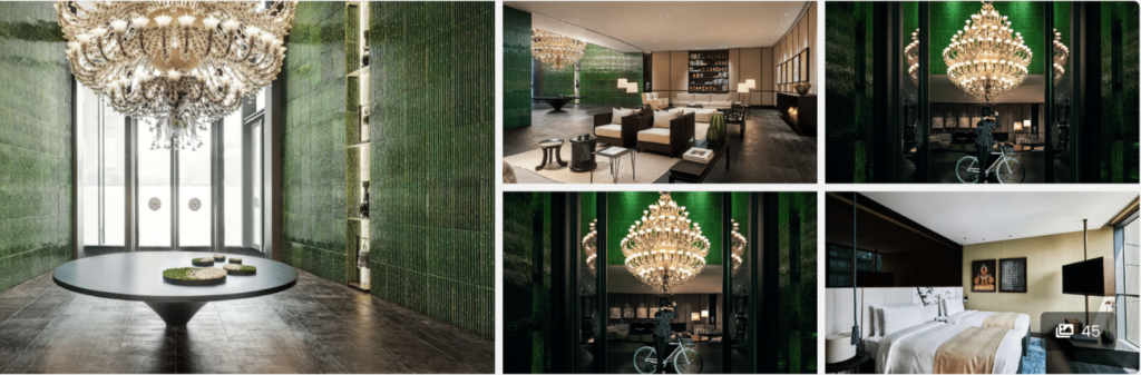 Collage of luxurious hotel interiors featuring chandeliers, elegant lounges, and a modern guest room.