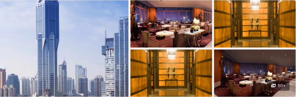 Collage of a tall city skyscraper and elegant, modern hotel interior spaces with seating and warm lighting.