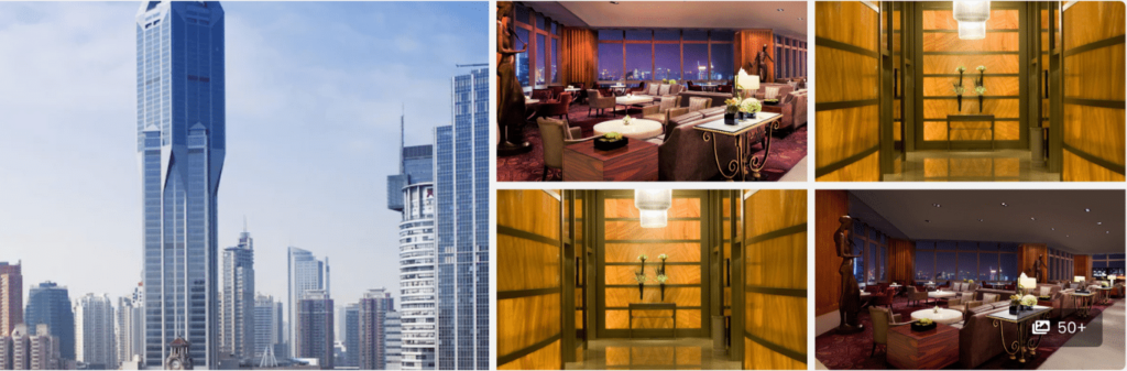 Collage of a tall city skyscraper and elegant, modern hotel interior spaces with seating and warm lighting.