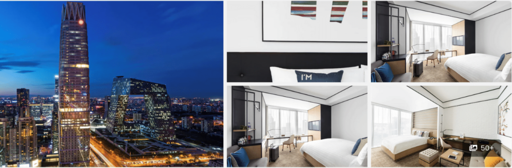 Tall modern hotel at night alongside four bright, contemporary hotel room interiors with city views.