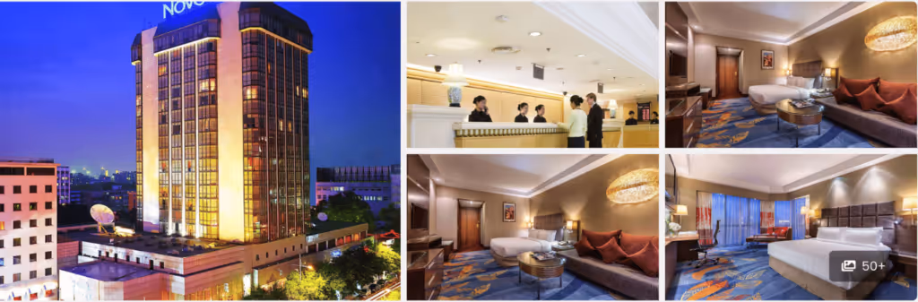 Collage of a modern hotel exterior at night, lobby reception, and luxurious guest rooms with stylish decor.