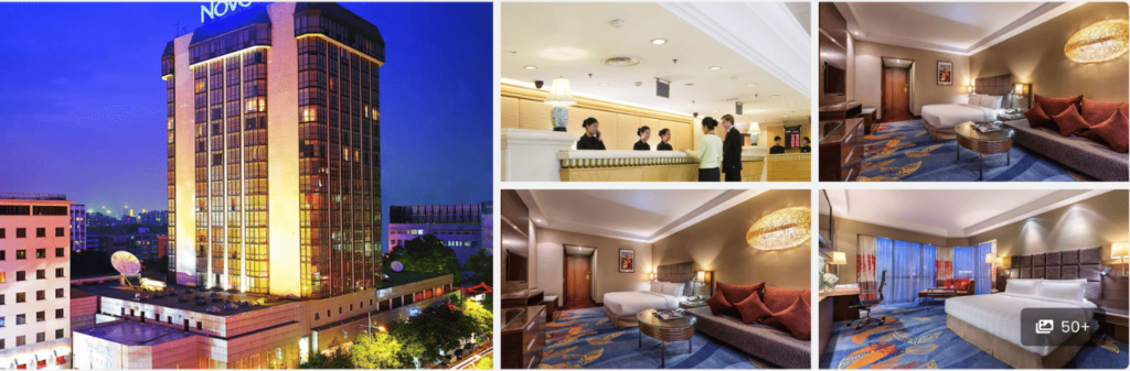 Collage of a modern hotel exterior at night, lobby reception, and luxurious guest rooms with stylish decor.