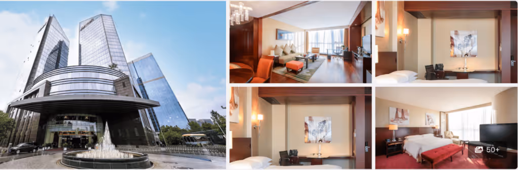 Four-photo collage of a modern hotel’s glass exterior and elegant, spacious guest rooms with large windows.