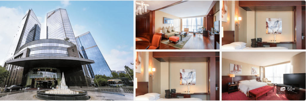 Four-photo collage of a modern hotel’s glass exterior and elegant, spacious guest rooms with large windows.