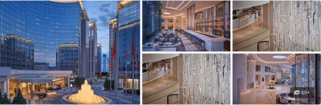 Collage of a luxury hotel exterior with a fountain and elegant modern interiors featuring chandeliers and lounge areas.