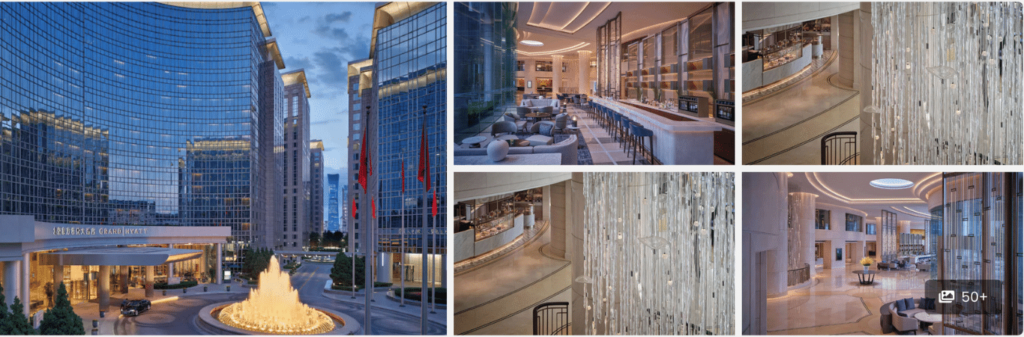 Collage of a luxury hotel exterior with a fountain and elegant modern interiors featuring chandeliers and lounge areas.