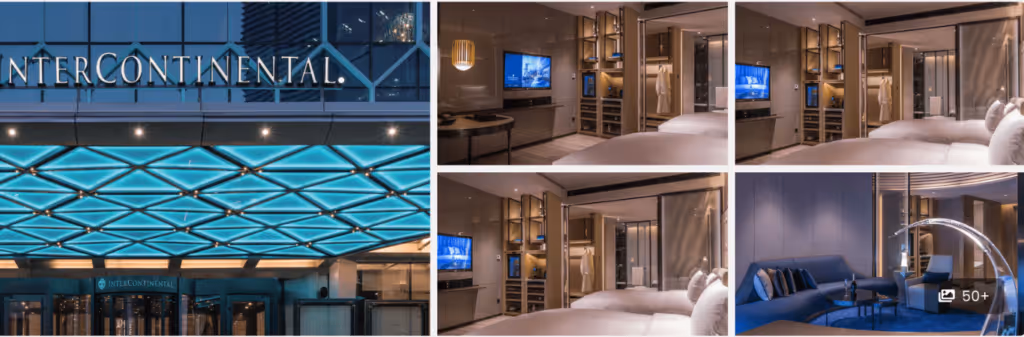 Hotel exterior labeled Intercontinental and modern, stylish interiors of suites with beds and lounge area.