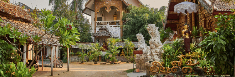 Ornate temple courtyard with dragon statues, lush greenery, and intricate wooden architecture in sunlight.