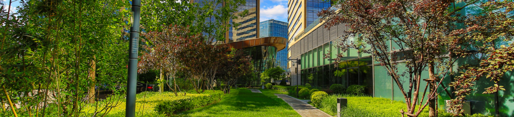 A modern office building with glass walls, surrounded by green trees, shrubs, and a neatly trimmed lawn.