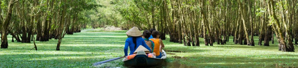 Three people in a boat paddle through a lush, green flooded forest with sunlight filtering through the trees.