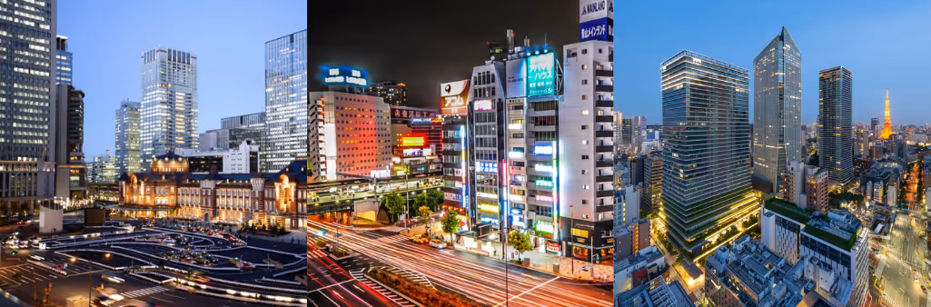 Three cityscapes with tall buildings and bright lights at different times of day, from morning to night.