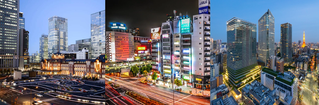 Three cityscapes with tall buildings and bright lights at different times of day, from morning to night.