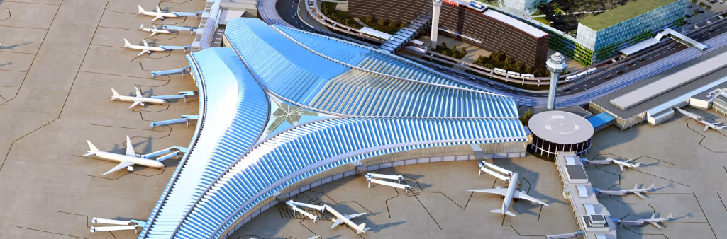 Aerial view of a modern airport terminal with airplanes parked at multiple gates and adjacent curved roads.