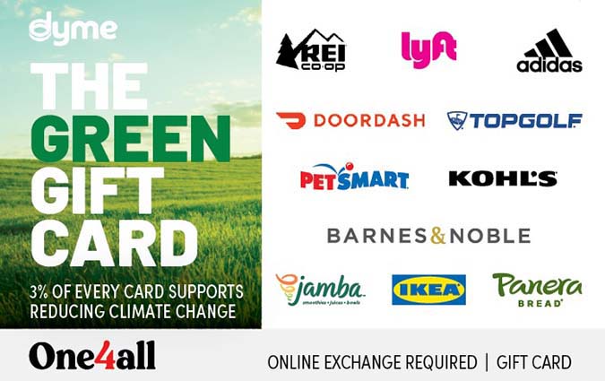The Green Gift Card created by Dyme in partnership with One4all, with logos from brands such as Adidas, Lyft, PetSmart, and IKEA.