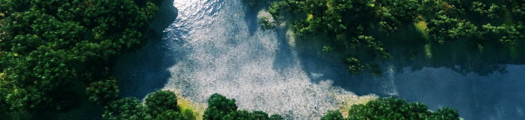 Aerial view of a river winding through dense green forest, sunlight reflecting off the water.
