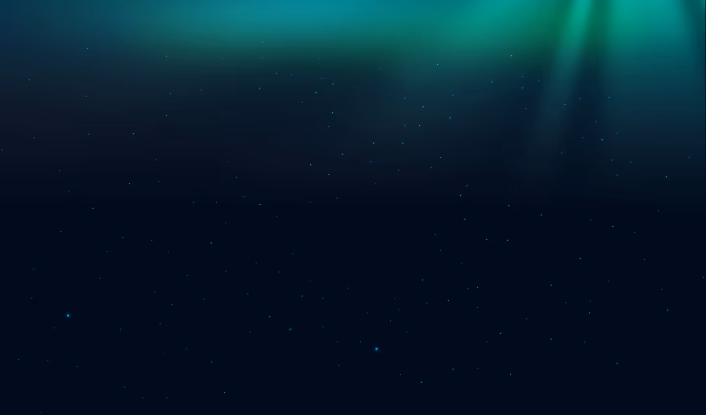 Dark night sky with scattered stars and green northern lights glowing near the top.