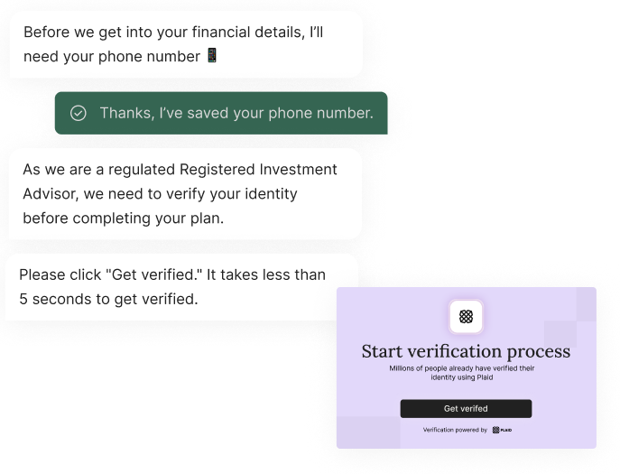Chat interface showing a conversation about phone number verification and identity confirmation, alongside a section prompting users to start the verification process with a 'Get verified' button.