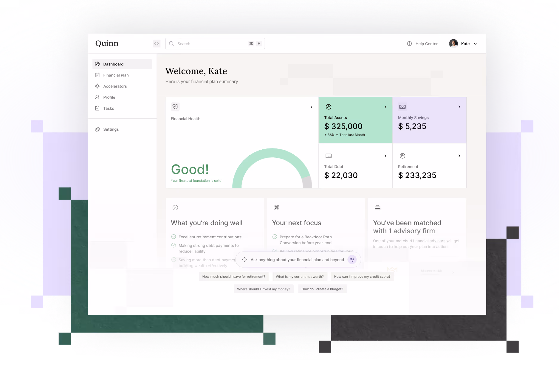 Dashboard screen of a financial planning app showing user's financial health, total assets, monthly savings, debt, retirement funds, and personalized financial advice.