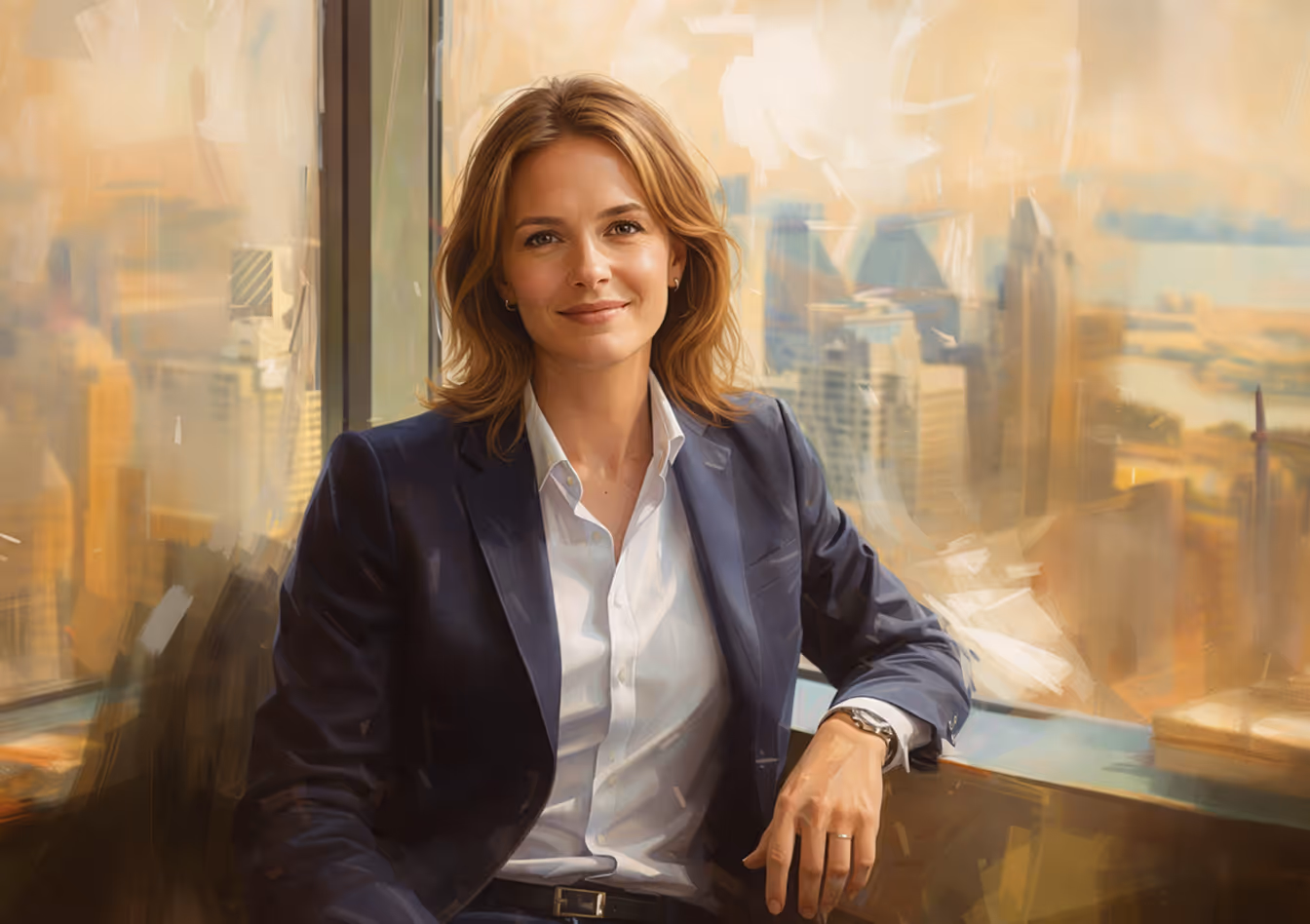 Confident woman in a navy blazer and white shirt sitting by a window with a cityscape in the background.