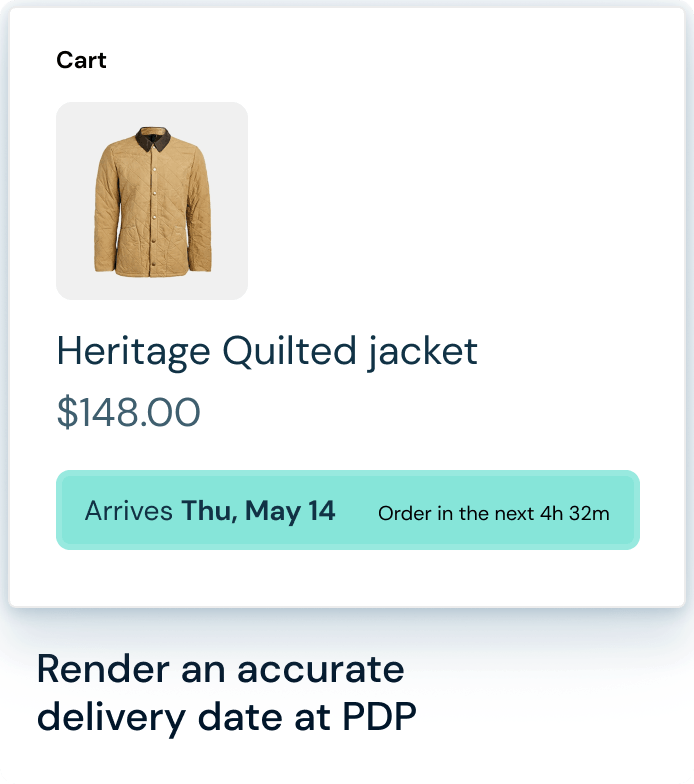 Cart showing Heritage Quilted jacket priced at $148, arriving Thu, May 14 if ordered in next 4h 32m.