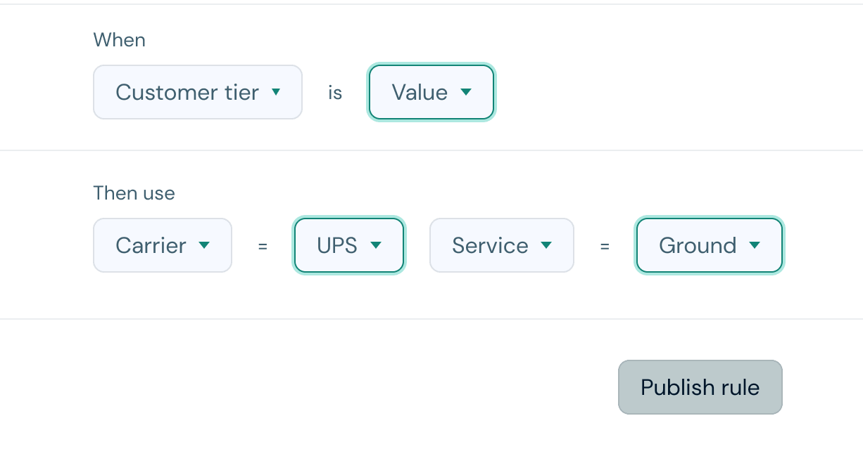 Rule setting interface where if Customer tier is Value, then use UPS carrier with Ground service.