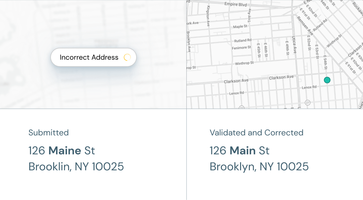 Split screen showing address corrected from 126 Maine St to 126 Main St Brooklyn, NY 10025 with a map.
