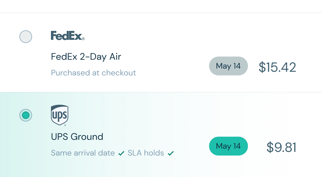 Shipping options FedEx 2-Day Air $15.42 May 14 and UPS Ground $9.81 May 14 with same arrival date.