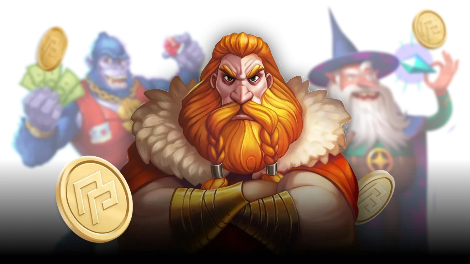 Illustration of characters from popular, high-quality slot games at PeakPlay, highlighting Gold Coin and Sweeps Coin bonuses.