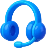 3D glassy blue headphones with a built-in microphone and soft purple reflections, symbolizing friendly and responsive customer support for players.