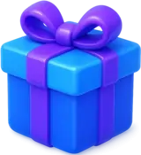 3D glossy blue gift box wrapped with a purple ribbon and bow, reflecting light softly to convey daily login rewards and instant bonus prizes.